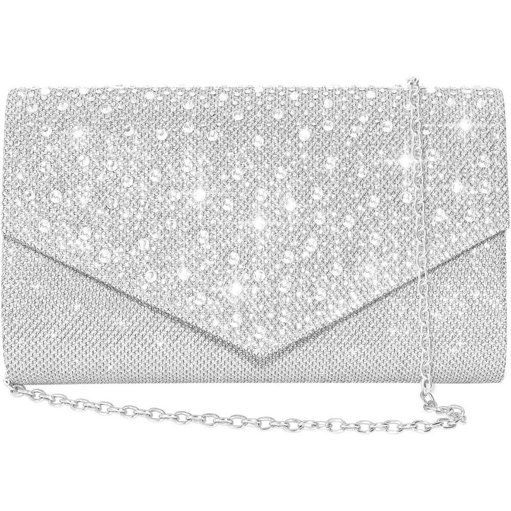 Women Silver Imported Magnetic Purse Rhinestone Envelope Party Handbag